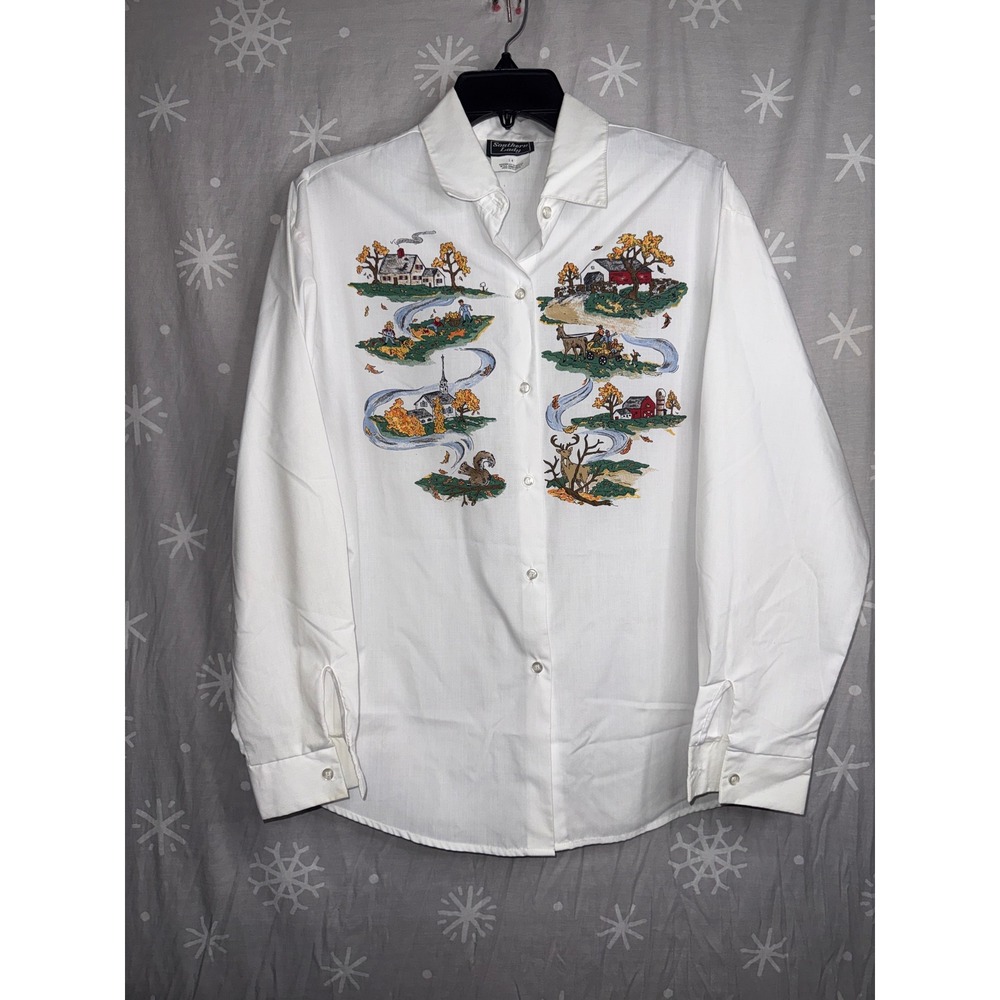 Southern Lady Vintage Autumn Scenic Embroidered Button Down Shirt White 14